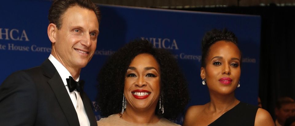 Actor Goldwyn, producer Rhimes and actress Washington arrive on the red carpet for the annual White House Correspondents Association Dinner in Washington