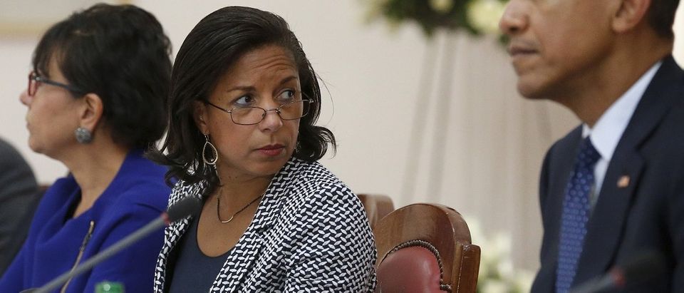 U.S. National Security Advisor Rice joins President Obama as he participates in a bilateral meeting with Kenya's President Uhuru Kenyatta at the State House in Nairobi