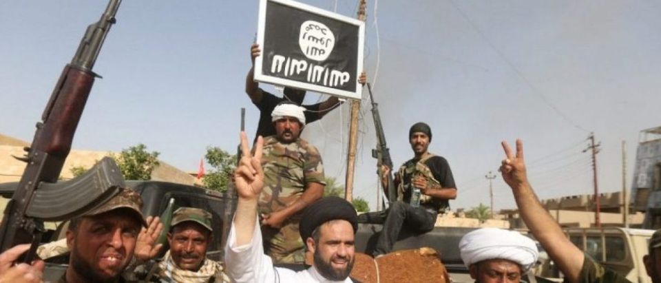 Shi'ite fighters hold an image of the Islamic State flag after clashes with IS militants in Saqlawiya