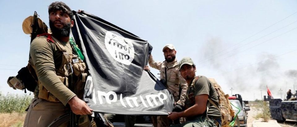 Shi'ite fighters hold an Islamic State flag which they pulled down as they celebrate victory in the town of Garma
