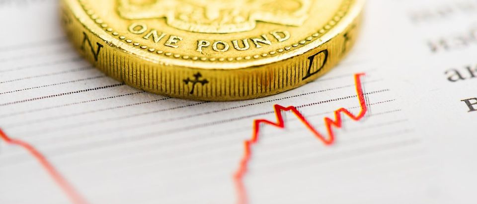One pound coin on fluctuating graph. Rate of the pound sterling
