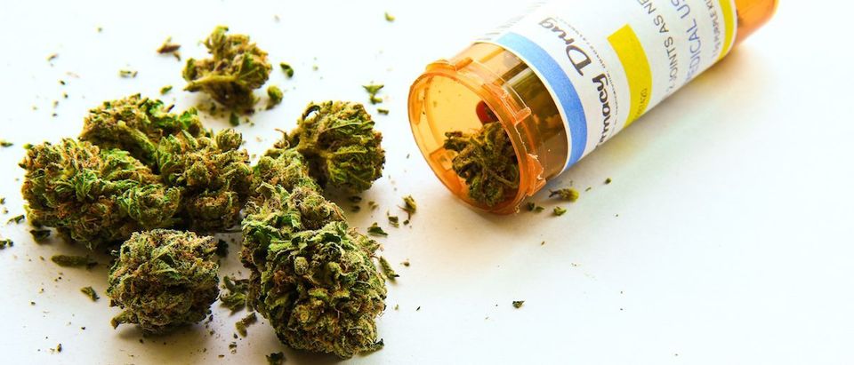 Medical marijuana pouring out of a prescription. (Shutterstock/Atomazul)