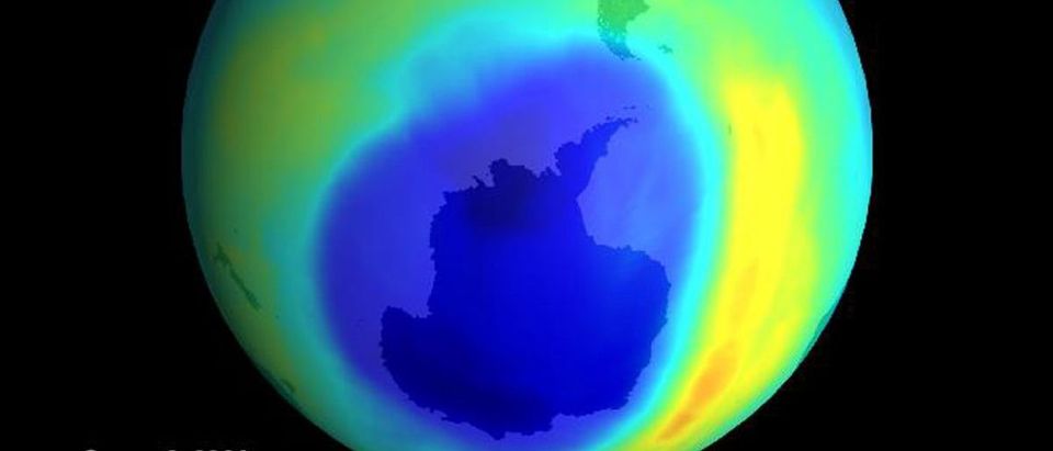The largest ozone hole ever seen has opened up over Antartica, a sign that ozone-depleting gases churned out years ago are just now coming to their peak, NASA scientists reported September 8, 2000. Seen in this image released by the National Aeronautics and Space Administration, the hole appears as a giant blue blob which spreads over about 11 million square miles (28.3 milion square kilometers). Reuters: With permission from NASA