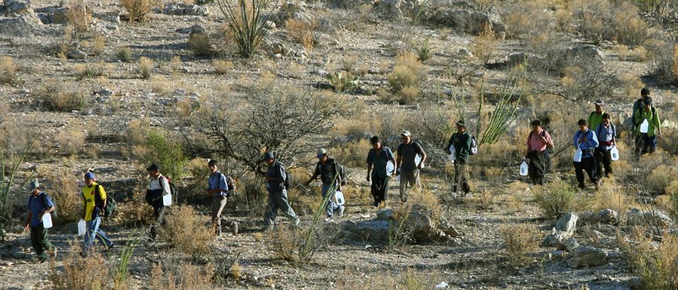 Mexican immigrants walk in line through the Arizona desert near Sasabe, Sonora state, in an attempt to illegally cross the Mexican-US border, 06 April 2006. While thousands of mexicans try to cross the border daily from Sasabe city, the US Senate reached a breakthrough agreement on a legislation that would grant legal residency status to millions of undocumented workers in the United States. Getty/AFP PHOTO/ Omar TORRES