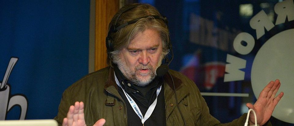 MANCHESTER, NH - FEBRUARY 08: Breitbart News Daily host Stephen K. Bannon live on air at SiriusXM Broadcasts' New Hampshire Primary Coverage Live From Iconic Red Arrow Diner on February 8, 2016 in Manchester, New Hampshire. (Photo by Paul Marotta/Getty Images for SiriusXM)