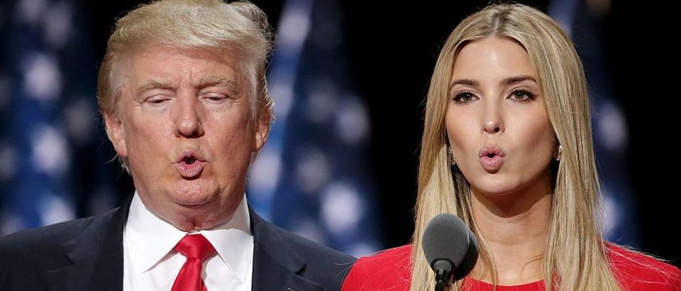 Republican presidential candidate Donald Trump and his daughter Ivanka Trump test the teleprompters and microphones on stage before the start of the fourth day of the Republican National Convention on July 21, 2016 at the Quicken Loans Arena in Cleveland, Ohio