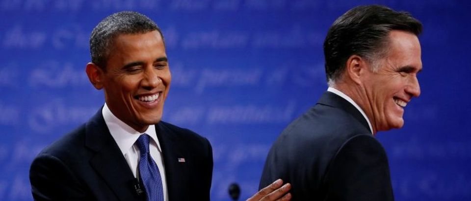President Obama and Republican presidential nominee Romney share a laugh at the end of the first 2016 presidential debate in Denver