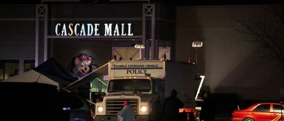 Authorities are pictured at the Cascade Mall following reports of an active shooter in Burlington, Washington