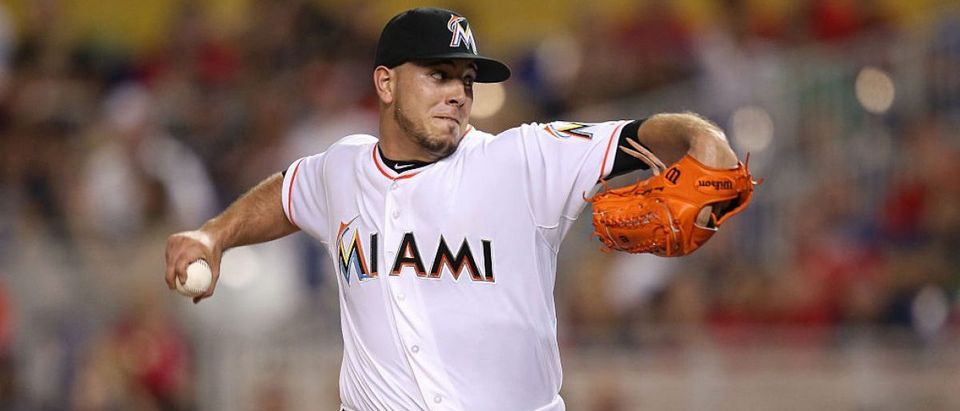Jose Fernandez #16 of the Miami Marlins pitches during the game against the Cincinnati Reds at Marlins Park on July 9, 2015 in Miami. (Photo by Rob Foldy/Getty Images)