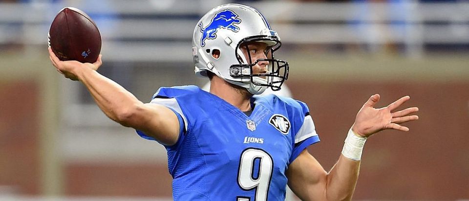 Matthew Stafford #9 of the Detroit Lions participates in warmups prior to a game against the Tennessee Titans at Ford Field on September 18, 2016 in Detroit, Michigan