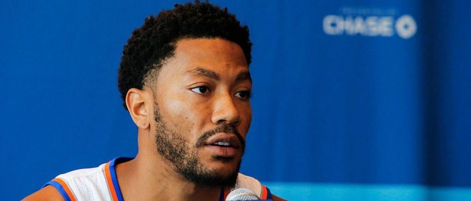 Derrick Rose speaks during a press conference during the New York Knicks Media Day on September 26, 2016 in White Plains, New York