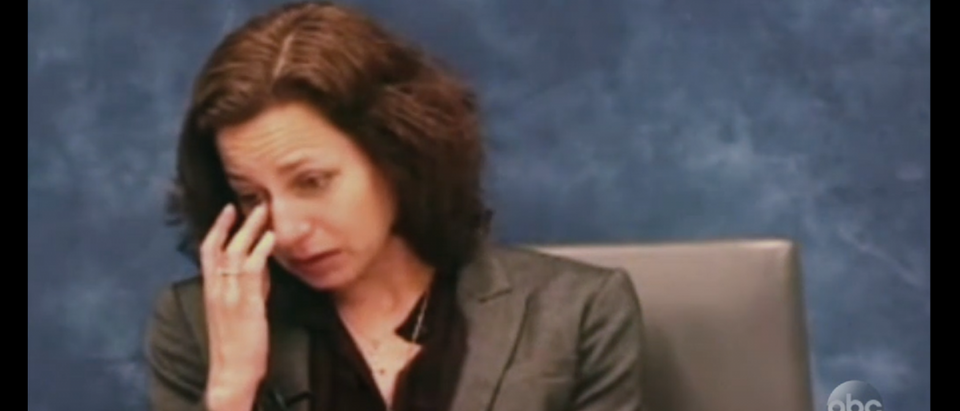 Former Rolling Stone reporter Sabrina Erdely cries during her deposition in Rolling Stone's defamation lawsuit. [ABC screengrab/http://abcnews.go.com/2020/video/rolling-stone-rape-campus-reporters-deposition-tapes-part-42820508]