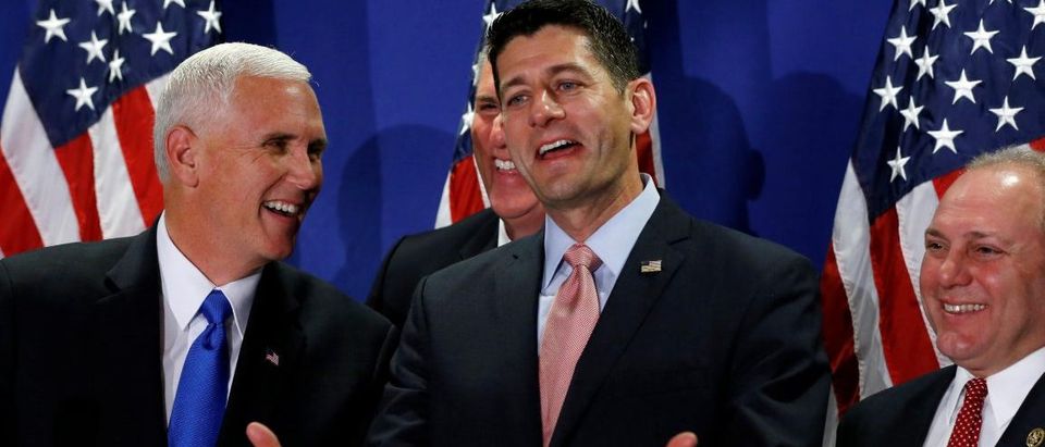 Republican vice presidential nominee Mike Pence (L-R), Representative Kevin McCarthy (R-CA), U.S. House Speaker Paul Ryan (R-WI) and Representative Steve Scalise (R-LA) laugh when a reporter Ryan called on began to ask Pence a question about his criticism of Donald Trump, during a joint news conference following a House Republican party conference meeting in Washington, U.S. September 13, 2016. REUTERS/Jonathan Ernst