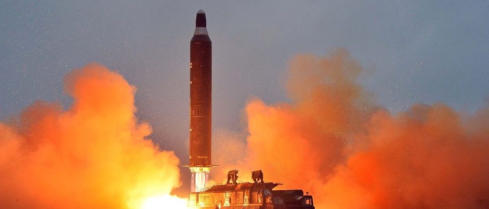 A test launch of ground-to-ground medium long-range ballistic rocket Hwasong-10
