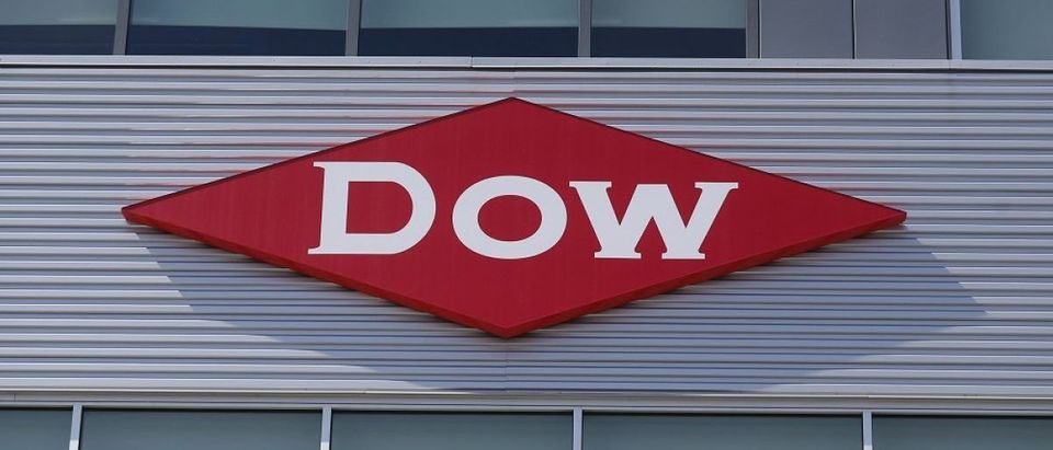 The Dow logo is seen on a building in downtown Midland, Michigan