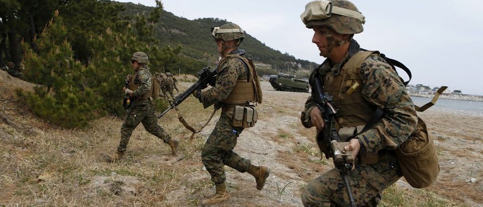 Marines of the U.S. Marine Corps, based in Japan's Okinawa, take part in a practice for a U.S.-South Korea joint landing operation drill in Pohang