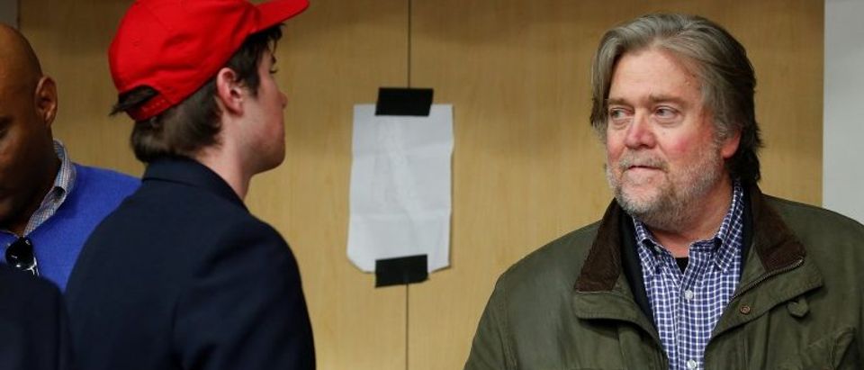 Republican presidential nominee Donald Trump's campaign CEO Steve Bannon is pictured backstage during a campaign event in Eau Claire