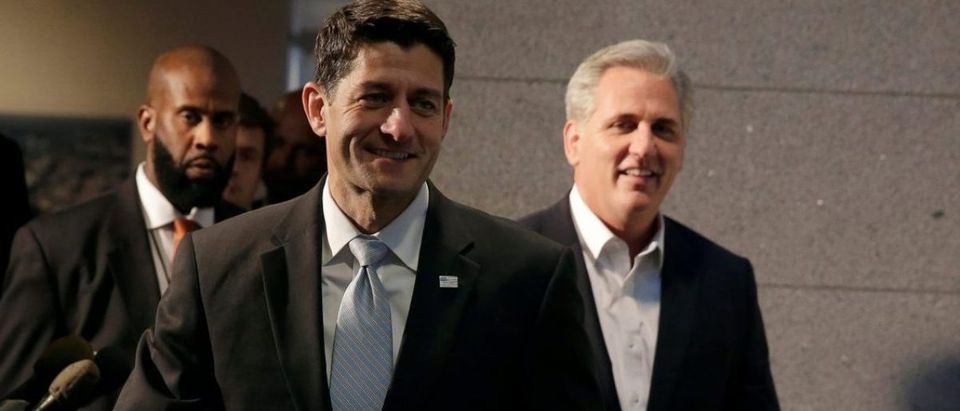 Speaker of the House Paul Ryan (R-WI) is followed by House Majority Leader Kevin McCarty (R-CA) as they arrive for a leadership election candidates' forum ahead of upcoming elections for the Republican house leadership on Capitol Hill in Washington, U.S., November 14, 2016. REUTERS/Joshua Roberts