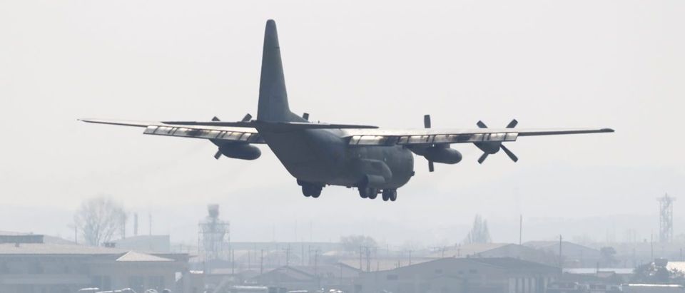 A transport plane belonging to the U.S. Air Force comes in for a landing at a U.S. air force base in Osan