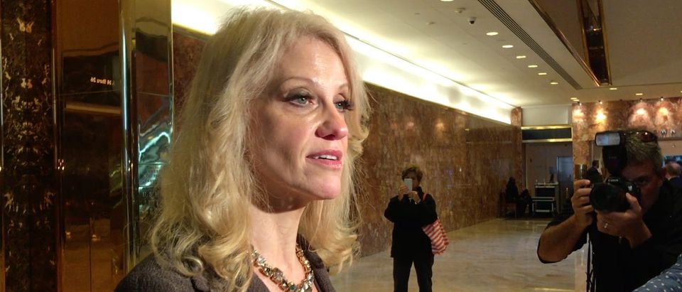 Kellyanne Conway talks to reporters at Trump Tower