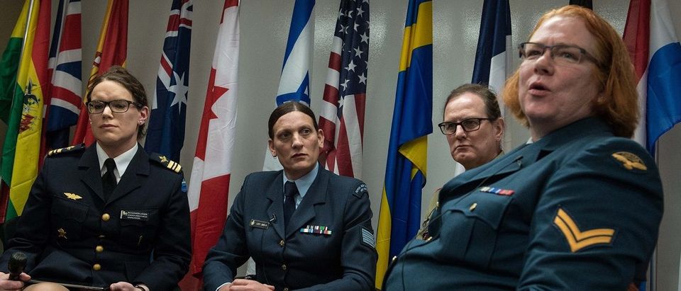 (From L to R), transgenders Major Alexandra Larsson of the Swedish Armed Forces, Sergeant Lucy Jordan of the New Zealand Air Force and Major Donna Harding of the Royal Australian Army Nursing Corps listen to Corporal Natalie Murray of the Canadian Forces speak during a a conference entitled "Perspectives on Transgender Military Service from Around the Globe" organized by the American Civil Liberties Union (ACLU) and the Palm Center in Washington,DC on October 20, 2014 (Nicholas Kamm/AFP/Getty Images)