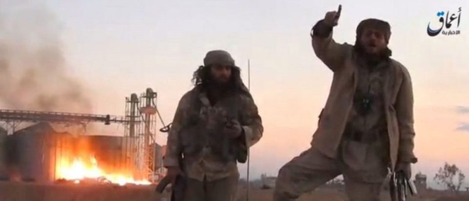 A still image taken from a video released by Islamic State-affiliated Amaq news agency, said to be in Palmyra, on December 11, 2016, purports to show Islamic State fighters in front of silos on fire and said to have been taken over by them