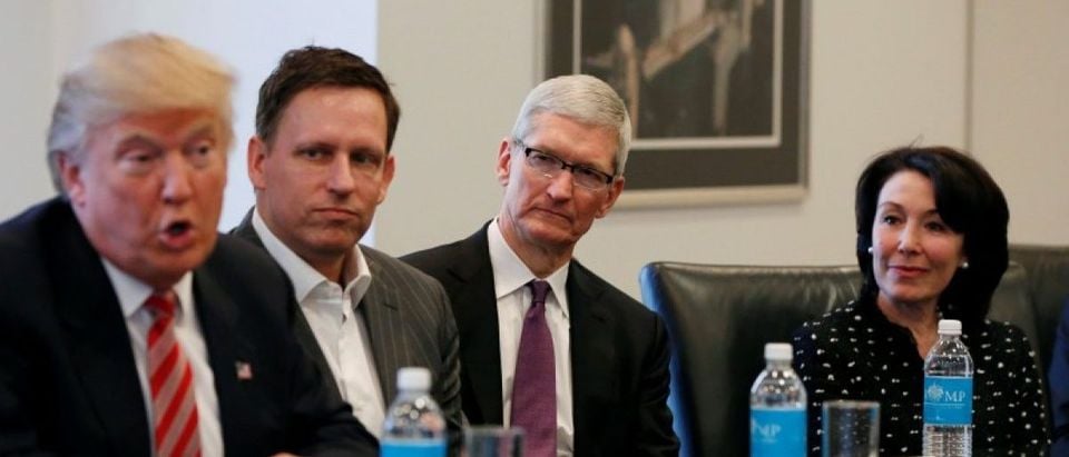 U.S. President-elect Donald Trump speaks as PayPal co-founder and Facebook board member Peter Thiel, Apple Inc CEO Tim Cook and Oracle CEO Safra Catz look on during a meeting with technology leaders at Trump Tower in New York