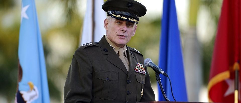 U.S. Marine General John F. Kelly addresses the crowd during a change of command ceremony at United States Southern Command in Doral