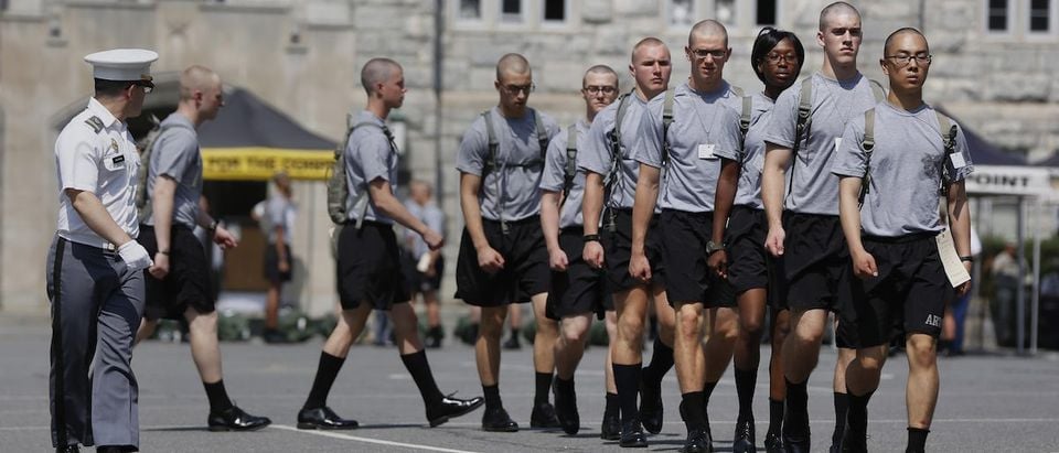 Cadets for the U.S. Military Academy at West Point class of 2018 practice marching during Reception Day in West Point, New York