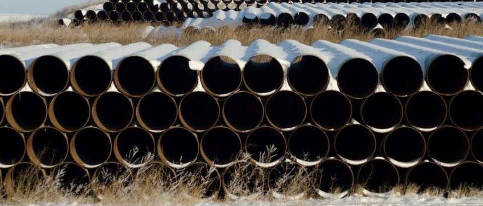 FILE PHOTO -- A depot used to store pipes for Transcanada Corp's planned Keystone XL oil pipeline is seen in Gascoyne, North Dakota