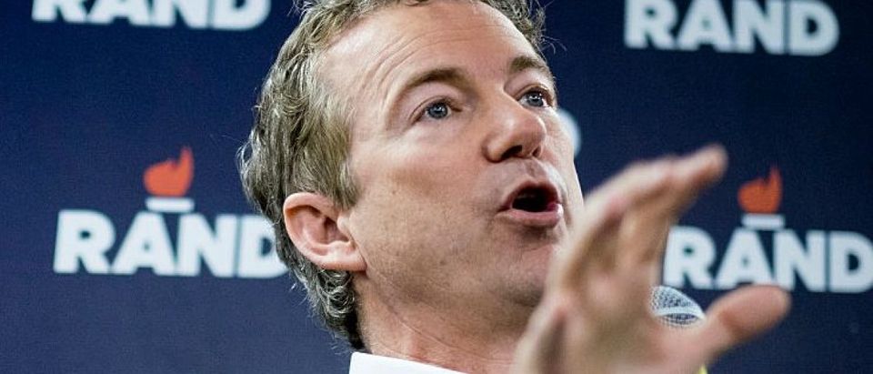DES MOINES, IA - FEBRUARY 1: Senator Rand Paul (R-TX) speaks during a caucus day rally at his Des Moines headquarters on February 1, 2016 in Des Moines, Iowa. The Presidential hopeful was accompanied by his wife, Kelly, mother, Carol Wells and his father, former Congressman Ron Paul. Pauls were there to thank all the staff and volunteers for all their hard work in Iowa. (Photo by Pete Marovich/Getty Images)