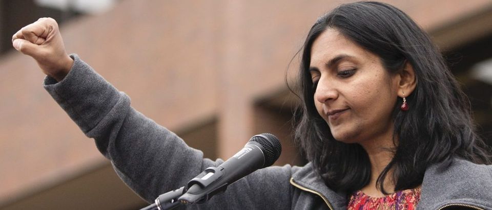 Seattle City Council member Kshama Sawant addresses rally in support of a $15 minimum wage at Seattle Central Community College