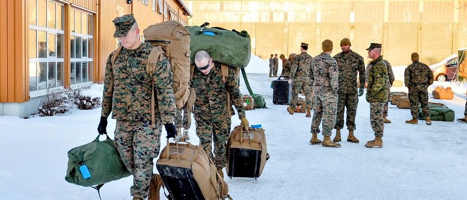 U.S. Marines, who are to attend a six-month training to learn about winter warfare, arrive in Stjordal
