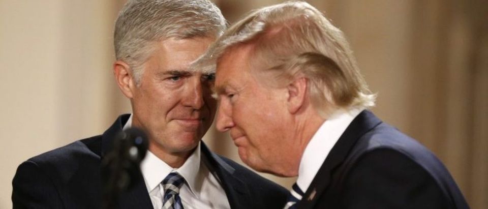 President Trump and Neil Gorsuch smile as Trump nominated Gorsuch to be an associate justice of the Supreme Court at the White House. REUTERS/Kevin Lamarque