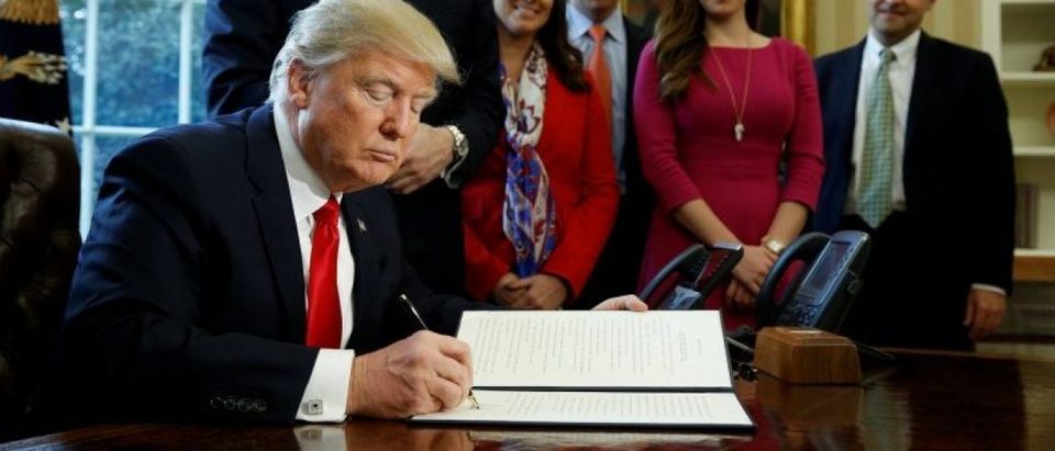 Trump signs an executive order at the White House in Washington