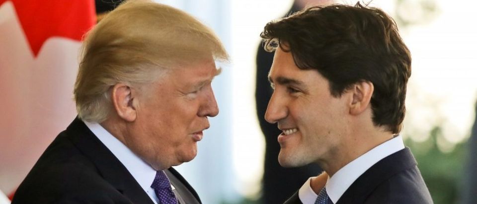 Canadian Prime Minister Justin Trudeau is greeted by U.S. President Donald Trump prior to holdiing talks at the White House in Washington