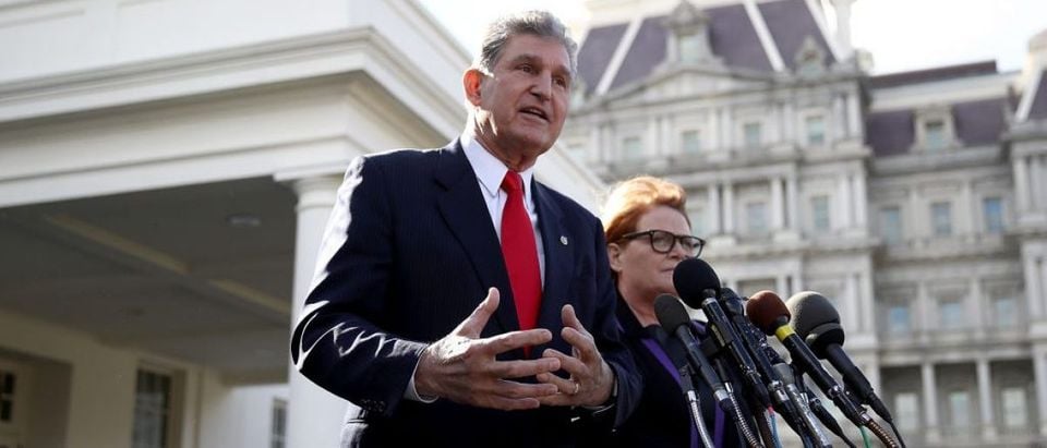 WASHINGTON, DC - FEBRUARY 09: Sen. Joe Manchin (D-WV) and Sen. Heidi Heitkamp (D-ND) speak to members of the press following a meeting with U.S. President Donald Trump on February 9, 2017 in Washington, DC. The senators met with Trump to discuss the nomination of Judge Neil Gorsuch to the U.S. Supreme Court. (Photo by Win McNamee/Getty Images)