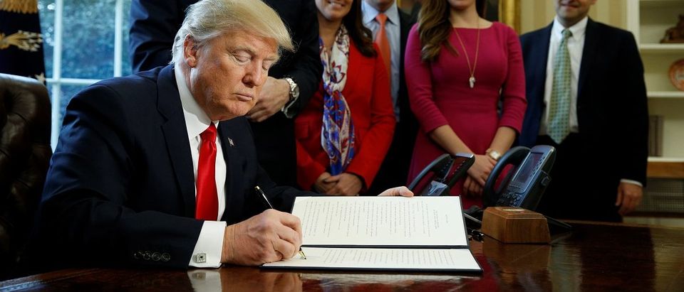 Trump signs an executive order at the White House in Washington