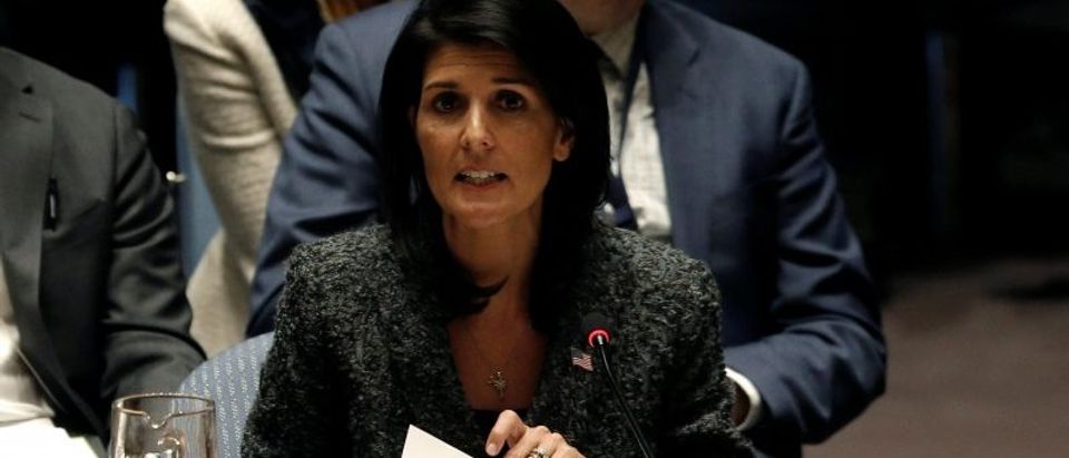 U.S. Ambassador to the United Nations Nikki Haley speaks in favor of a U.N. Security Council resolution, in New York City