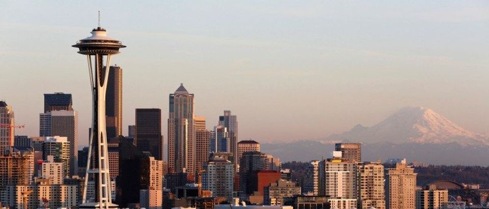 FILE PHOTO: The Space Needle and Mount Rainier are pictured at dusk in Seattle, Washington