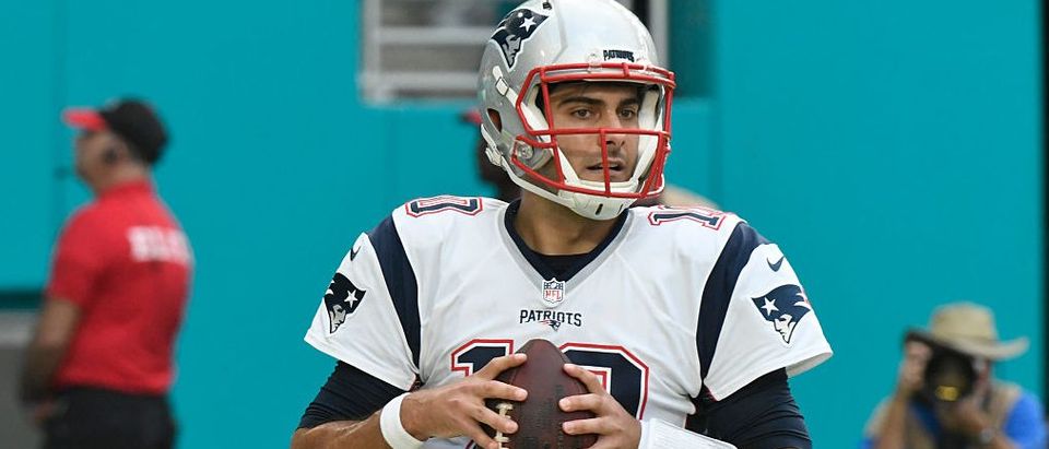 Jimmy Garoppolo #10 of the New England Patriots looks downfield during the 4th quarter against the Miami Dolphins at Hard Rock Stadium on January 1, 2017 in Miami Gardens, Florida. (Photo by Eric Espada/Getty Images)