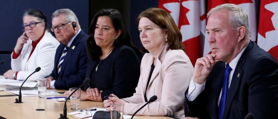 Canada's Revenue Minister Diane Lebouthillier, Public Safety Minister Ralph Goodale, Justice Minister Jody Wilson-Raybould, Health Minister Jane Philpott and Bill Blair take part in a news conference in Ottawa