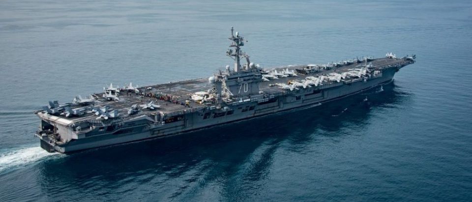 The U.S. aircraft carrier USS Carl Vinson transits the Sunda Strait Indonesia