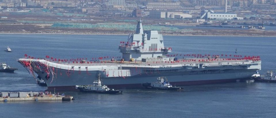 China's first domestically built aircraft carrier is seen during its launching ceremony in Dalian