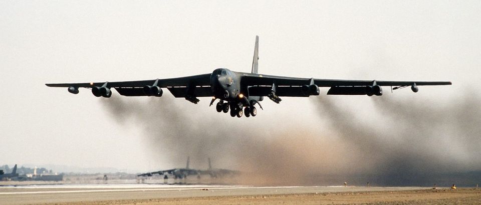 A B-52G Stratofortress bomber aircraft of the 1708th Bomb Wing takes off on a mission during Operation Desert Storm. Air Force/Flickr