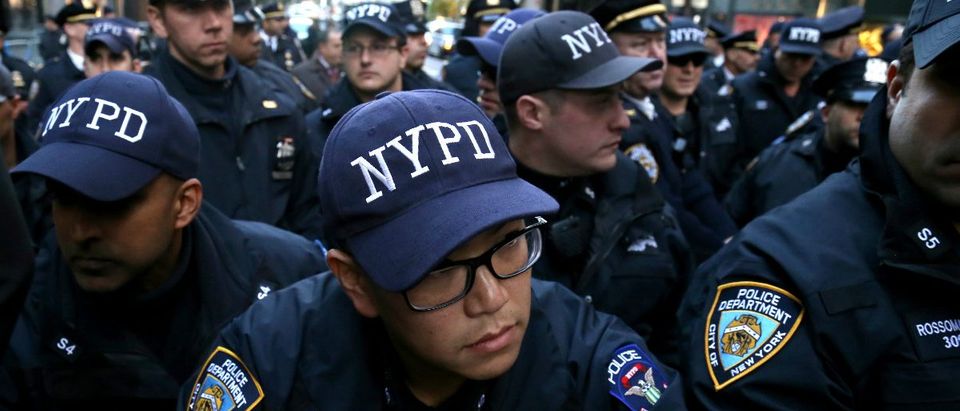New York Police Department (NYPD) officers push back on the barricades during a protest against President-elect Donald Trump in Manhattan, New York, U.S., November 12, 2016. (REUTERS/Bria Webb)