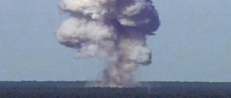 The GBU-43/B, also known as the Massive Ordnance Air Blast, detonates at Eglain Air Force Base in Florida on November 21, 2003. The 21,700-pound bomb was dropped from 20,000 feet to reach its target on one of Eglin's test ranges. Upon detonation, it created a plume that rose more than 10,000 feet over the Florida Panhandle. REUTERS/U.S. Air Force photo/Handout