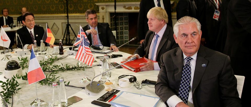 U.S. Secretary of State Rex Tillerson, Britain's Foreign Secretary Boris Johnson, German Foreign Minister Sigmar Gabriel, and Japanese Minister of Foreign Affairs Fumio Kishida attend roundtable talks during a G7 for foreign ministers in Lucca