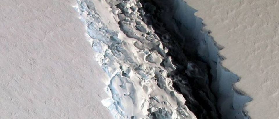 Handout photo of an oblique view of a massive rift in the Antarctic Peninsula's Larsen C ice shelf is shown in Antarctica