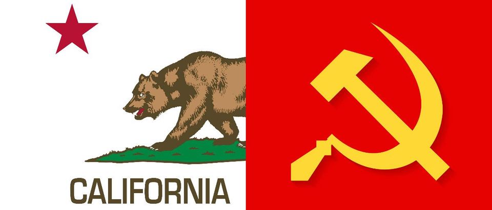 California's state flag (Shutterstock), and the Soviet Union hammer and sickle (Shutterstock)